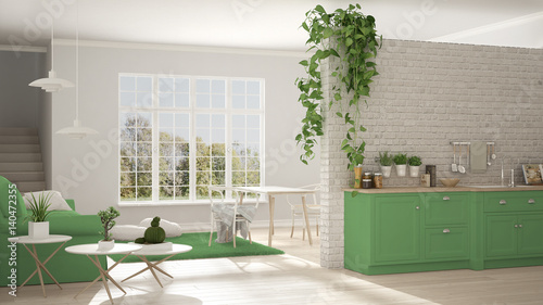 Scandinavian white and green minimalist living with kitchen  open space  one room apartment  classic interior design