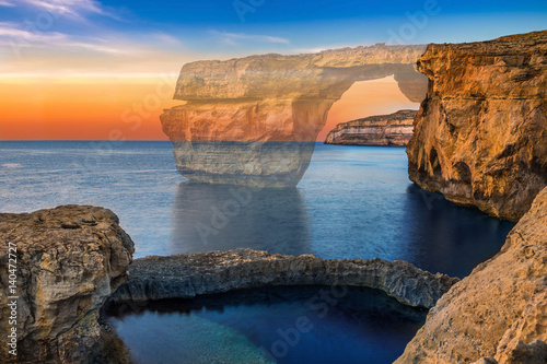 Gozo, Malta - The beautiful Azure Window, a natural arch on the island of Gozo has been collapsed in 9. March. 2017. On this image you can see the before-after site, as the Window is at 50% opacity photo