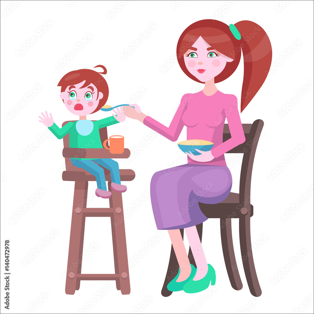 Mother Feeds Baby, Who Sits and Cries on Highchair Mother Feeds Baby, Who Sits and Cries on Highchair
