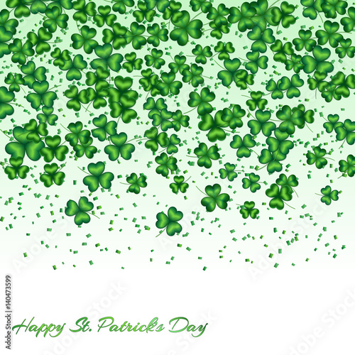 Pattern Saint Patrick Day with shamrocks and confetti falling down on white background  