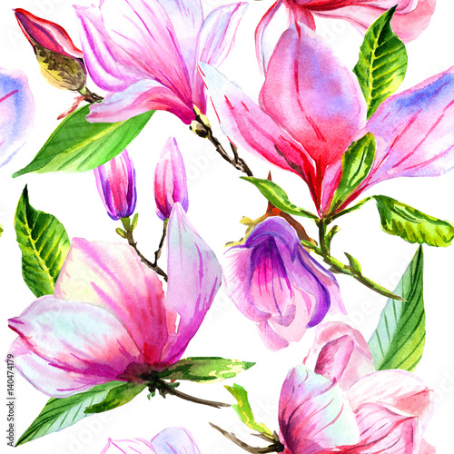 Wildflower magnolia flower pattern in a watercolor style isolated.