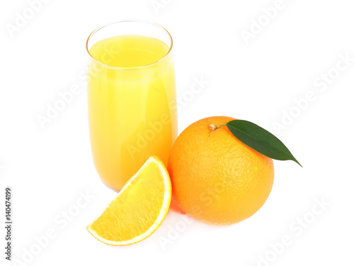 Glass of orange juice and  orange fruit isolated on white