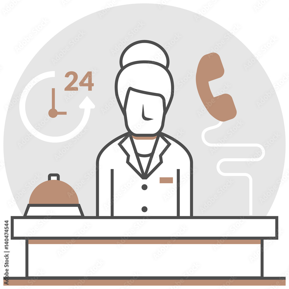Reception - Infographic Icon Elements from Hotel Services Set. Flat Thin Line Icon Pictogram for Website and Mobile Application Graphics. Reception - Infographic Icon Elements from Hotel Services Set. Flat Thin Line Icon Pictogram for Website and Mobile Application Graphics.