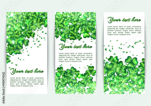 Set of spring banners St. Patricks Day. Glitter background with abstract light with and clover leaves 