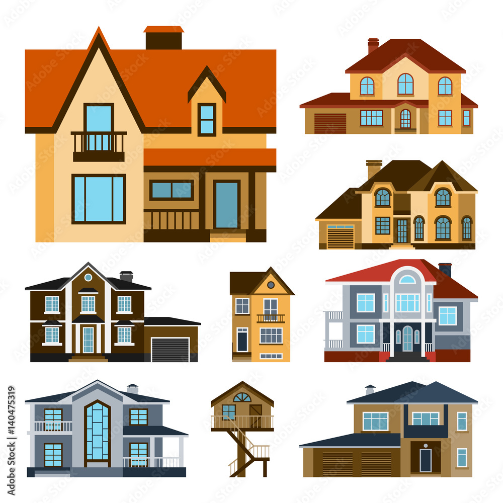 Houses front view vector illustration building architecture home construction estate residential property roof set apartment housing cottage