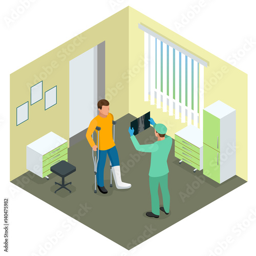 X-rays of leg fracture patients concept. Medical doctor is talking to patient with broken leg and showing him X-ray picture in hospital room. Isometric vector illustration