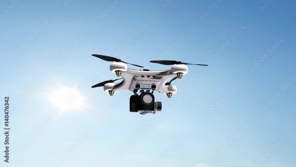 Drone Quadrocopter with professional camera flies in sky Drone Quadrocopter with professional camera flies in sky