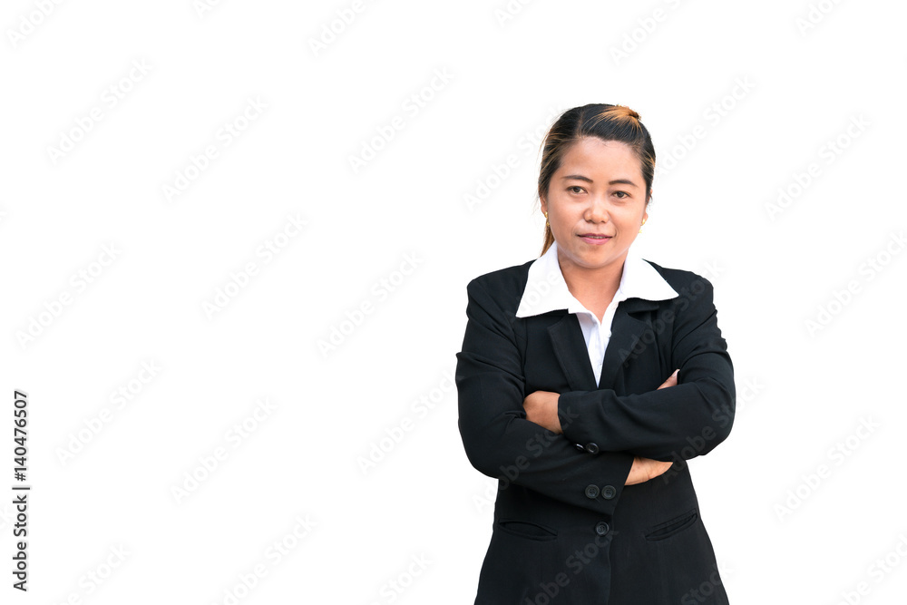 Business people concept ; Middle age Asian business woman 30 - 35 yearold cross one's arm on white background with copy space. Business people concept ; Middle age Asian business woman 30 - 35 yearold cross one's arm on white background with copy space.