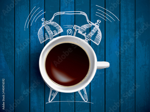 Alarm clock and coffee concept illustration with doodle