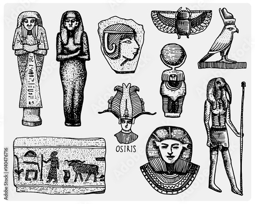 egyptian symbols, pharaon, scorob, hieroglyphics and osiris head, god vintage, engraved hand drawn in sketch or wood cut style, old looking retro, isolated vector realistic illustration.