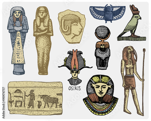 egyptian symbols, pharaon, scorob, hieroglyphics and osiris head, god vintage, engraved hand drawn in sketch or wood cut style, old looking retro, isolated vector realistic illustration.