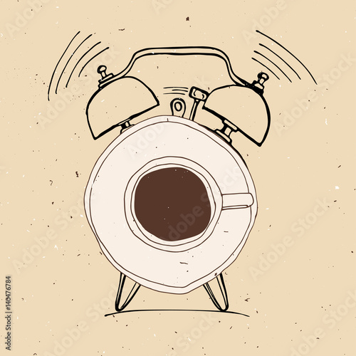 Alarm clock and coffee doodle concept illustration