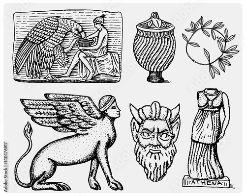 ancient Greece, antique symbols Ganymede and eagle anphora, vase, athena statue and satyr mask vintage, engraved hand drawn in sketch or wood cut style, old looking retro, isolated . photo