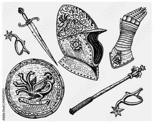 medieval symbols, Helmet and gloves, shield with dragon and sword, knife and mace, spur vintage, engraved hand drawn in sketch or wood cut style, old looking retro