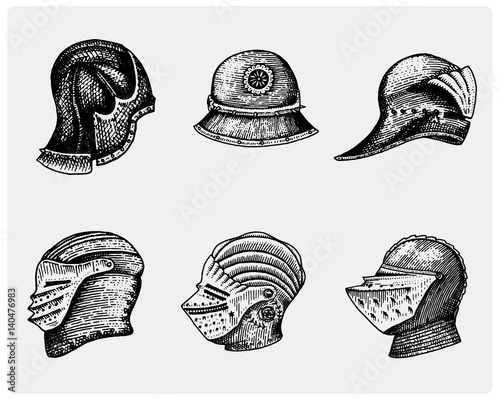 set of medieval symbols Battle Helmets for knights or kings, vintage, engraved hand drawn in sketch or wood cut style, old looking retro roman.