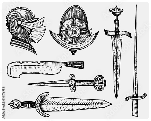 medieval symbols, Helmet and swords, knife vintage, engraved hand drawn in sketch or wood cut style, old looking retro, isolated vector realistic illustration.