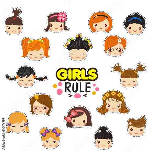 The set of vector illustrations of kids faces with the girls rule text. Child hair style with different emotions. Cute stickers, patch for print.