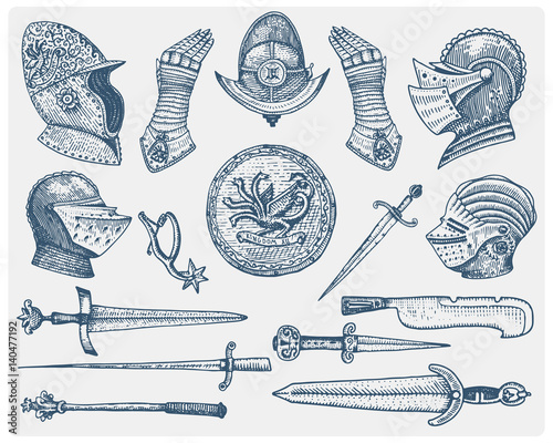 big set medieval symbols, Helmet and gloves, shield with dragon and sword, knife and mace, spur vintage, engraved hand drawn in sketch or wood cut style, old looking retro
