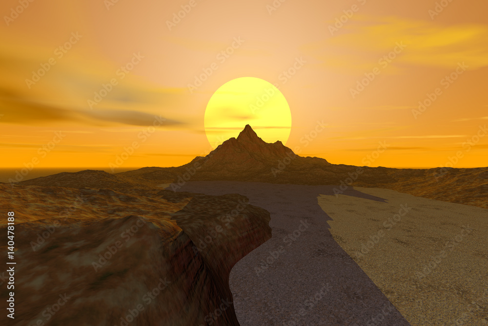 Sunset on the desert, rocky landscape, a big sun and shadows on the ground, golden clouds in the sky.