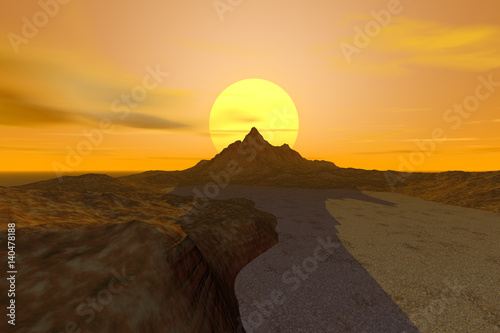 Sunset on the desert, rocky landscape, a big sun and shadows on the ground, golden clouds in the sky. © 3dredraw