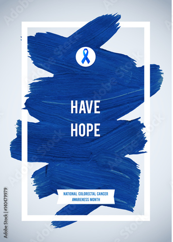 CLORECTAL Cancer Awareness Creative Grey and Blue Poster. Brush Stroke and Silk Ribbon Symbol. National Colon Cancer Awareness Month Banner. Brush Stroke and Text. Medical Vertical Design