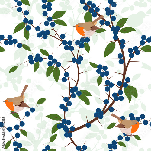 Seamless pattern of Blackthorn berries and robin birds