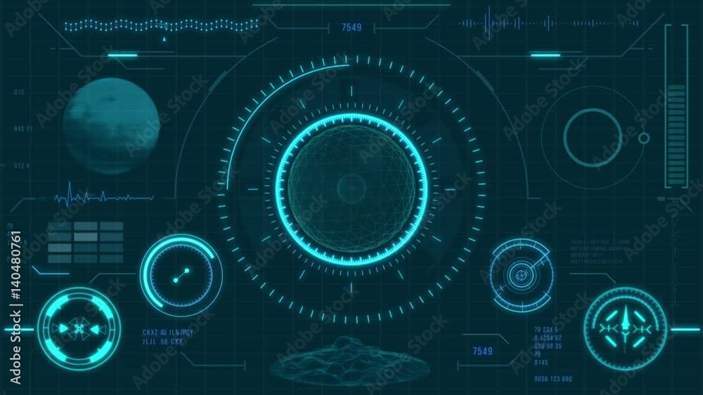 Futuristic user interface with HUD and infographic elements. Virtual technology background. Head-up display template for business, games, motion design, web and app. Spherical objects, planet.