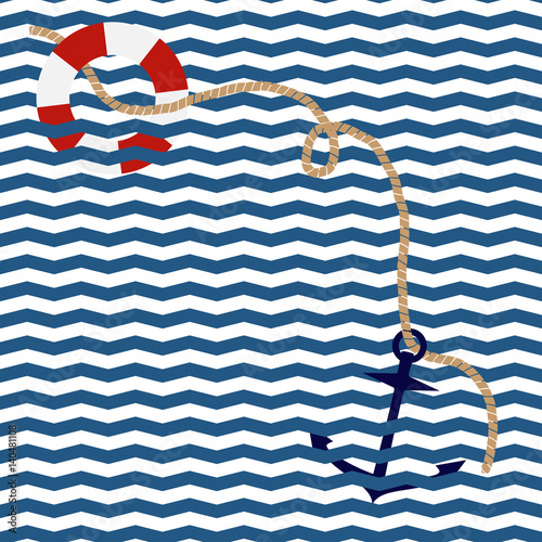 vector card template with anchor and lifebuoy on the rope on the seamless chevron background 