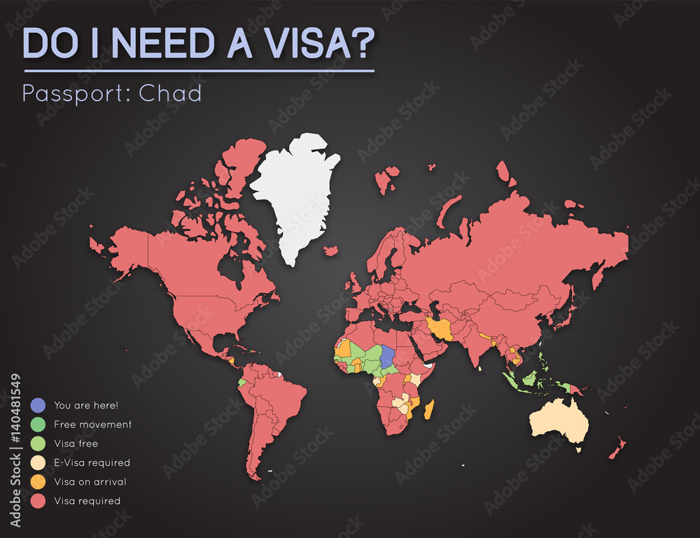 Visas information for Republic of Chad passport holders. Year 2017. World  map infographics showing visa requirements for all countries. Vector  illustration. Stock Vector | Adobe Stock