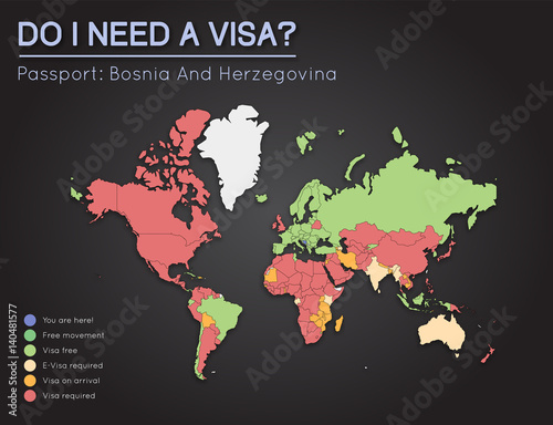 Visa information for Bosnia and Herzegovina passport holders in 2017. World map infographics showing visa requirements for all countries. Vector illustration.