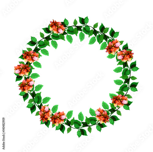 Floral round wreath with roses flowers and leaves 