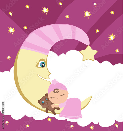 Cute little girl sleeping on moon