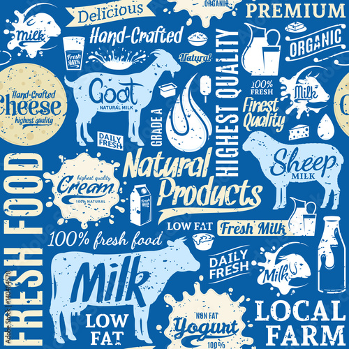 Retro styled typographic vector milk product seamless pattern or background