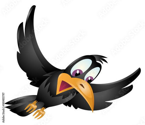 Surprised сrow flying in sky. Cartoon styled vector illustration. Isolated on white. No transparent objects.