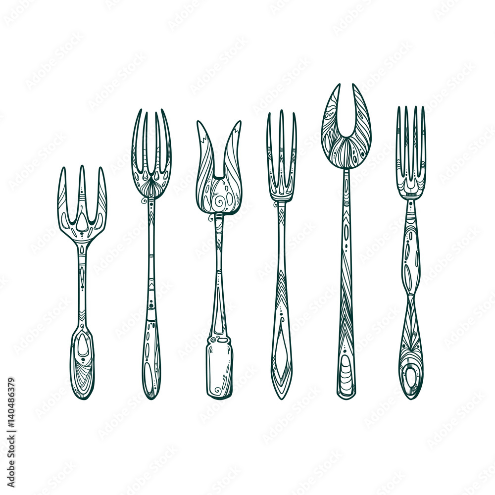 Set of different forks. Doodle illustration. Plugs with ornament. Vintage cutlery. Set of different forks. Doodle illustration. Plugs with ornament. Vintage cutlery.