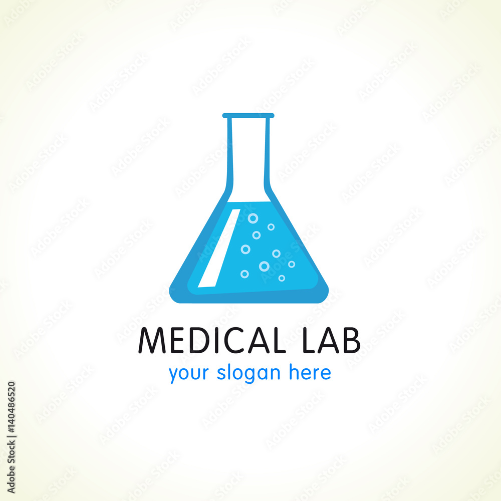 Medical lab logo. Blue water in laboratory flask. Vector branding sign of tests and science researches. Medical lab logo. Blue water in laboratory flask. Vector branding sign of tests and science researches.