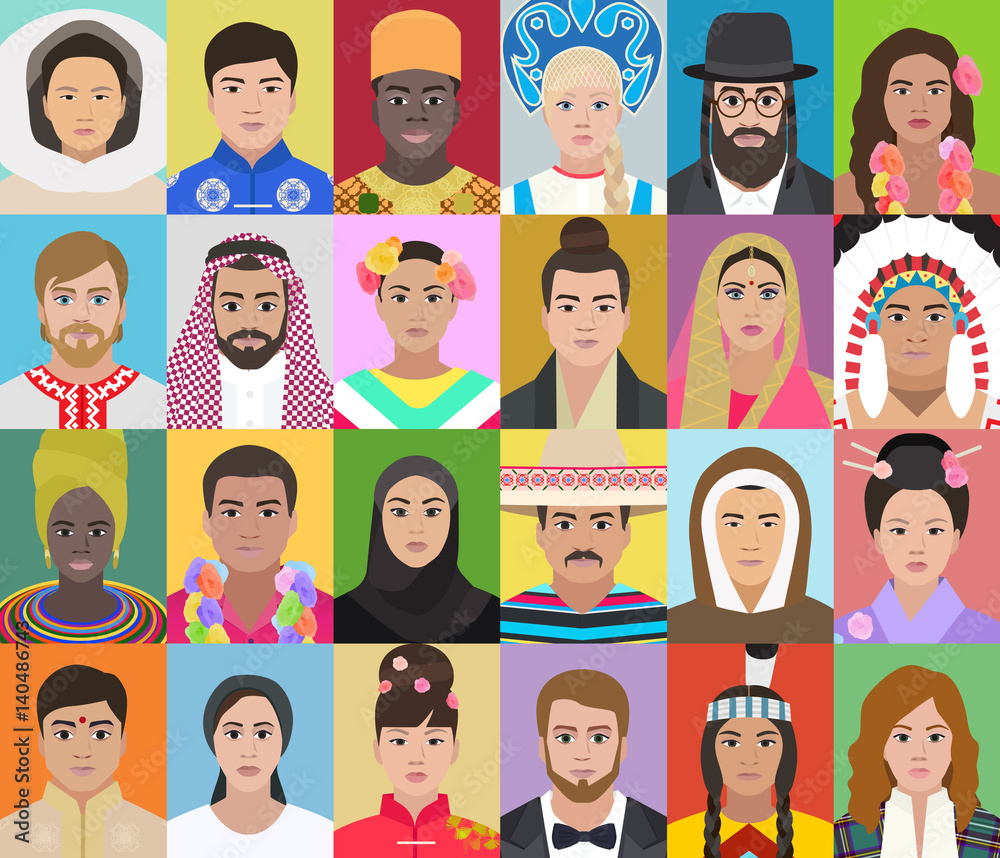 Как выглядят люди разных национальностей Portraits of people of different nationalities, vector illustration Векторный об