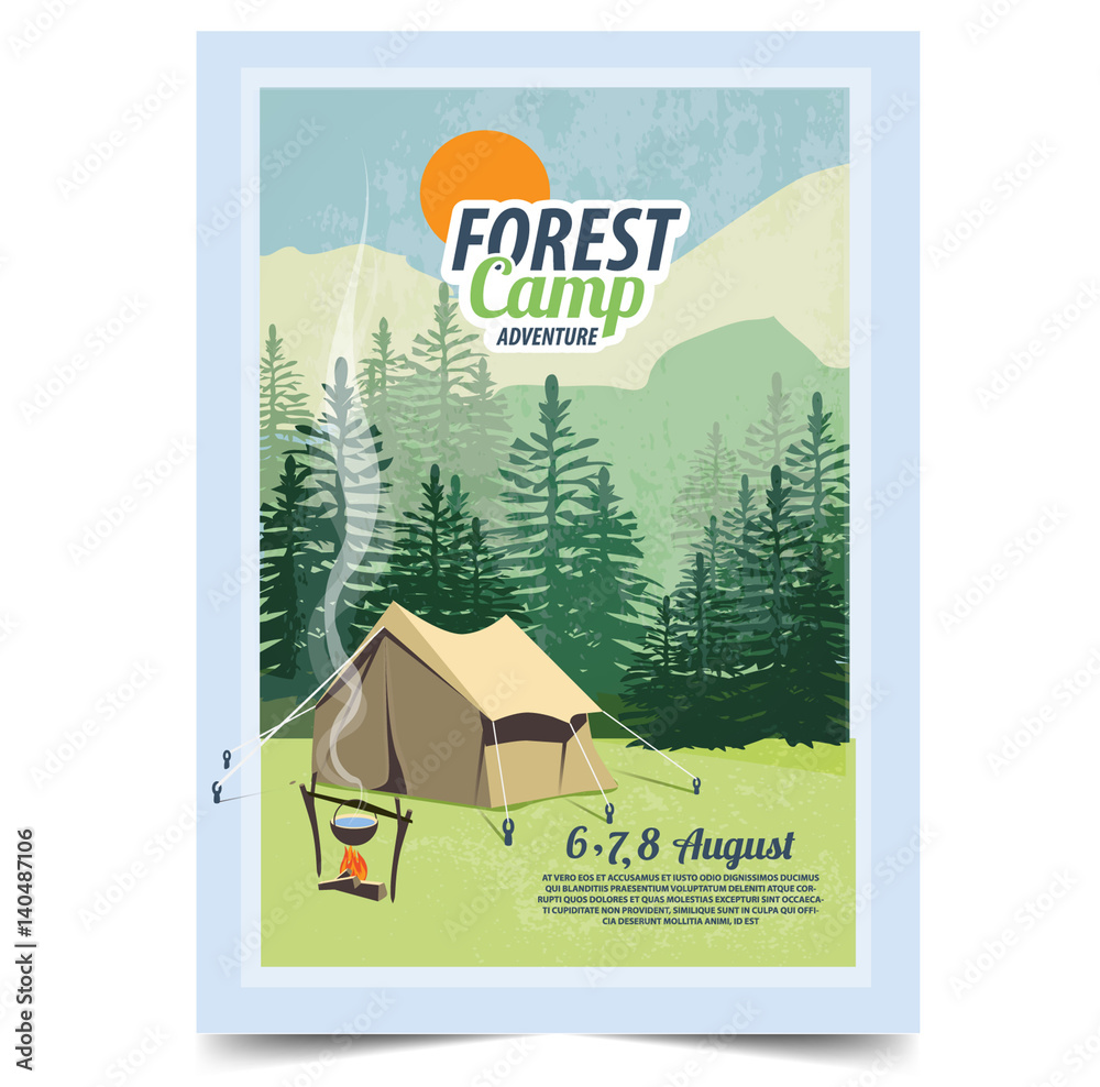 Camping poster, flyer, flat vector illustration