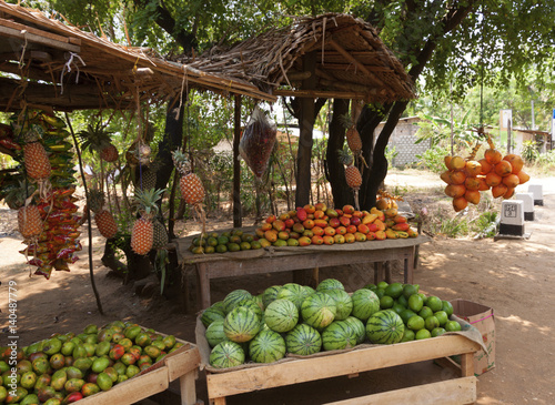 Fruit Vendor's Stall in Sri Lanka with coconut,mango and watermelon