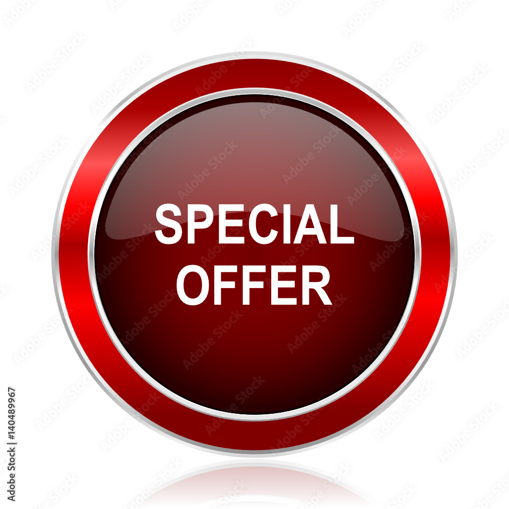 Special offer text red circle chrome border silver metallic vector icon Special offer text red circle chrome border silver metallic vector icon