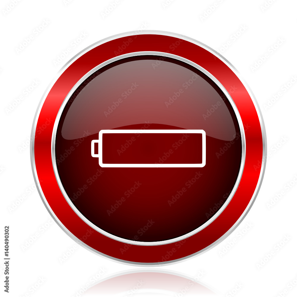 Battery red round glossy metallic web and smartphone vector icon isolated on white background. Battery red round glossy metallic web and smartphone vector icon isolated on white background.