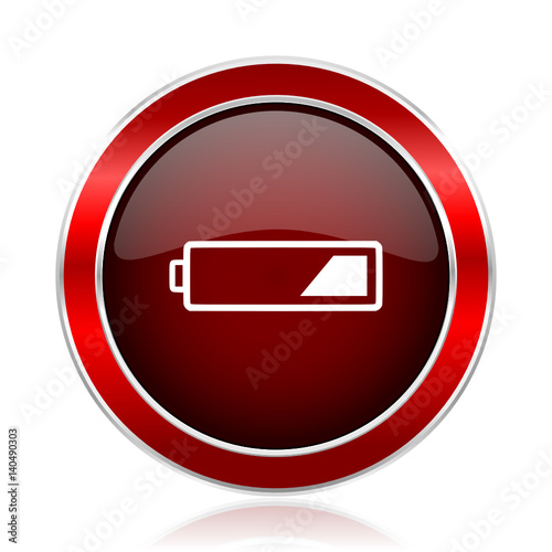 Battery red round glossy metallic web and smartphone vector icon isolated on white background.