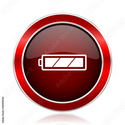 Battery red round glossy metallic web and smartphone vector icon isolated on white background.