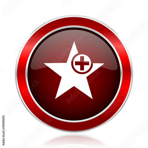 Star red round glossy metallic web and smartphone vector icon isolated on white background.   
