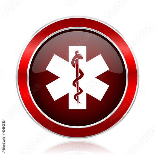 Emergency red round glossy metallic web and smartphone vector icon isolated on white background. 