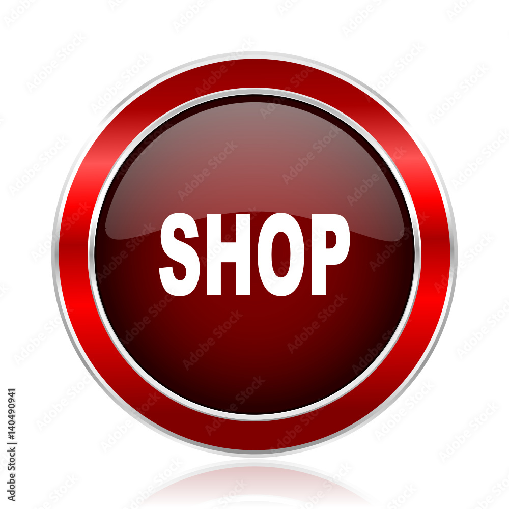 Shop red round glossy metallic web and smartphone vector icon isolated on white background. Shop red round glossy metallic web and smartphone vector icon isolated on white background.
