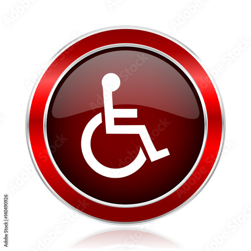 Wheelchair red round glossy metallic web and smartphone vector icon isolated on white background.