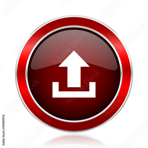 Upload red round glossy metallic web and smartphone vector icon isolated on white background.             
