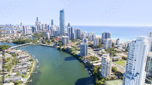 Aerial view of Surfers Paradise skyline and Isle of Capri at sunrise