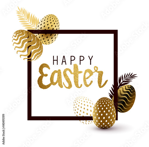 Easter Frame design with gold lettering and gold easter egg patterns. Vector illustration